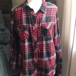 Arizona Plaid Button Up with Gold Sequin Embellished Shoulders Top - Large